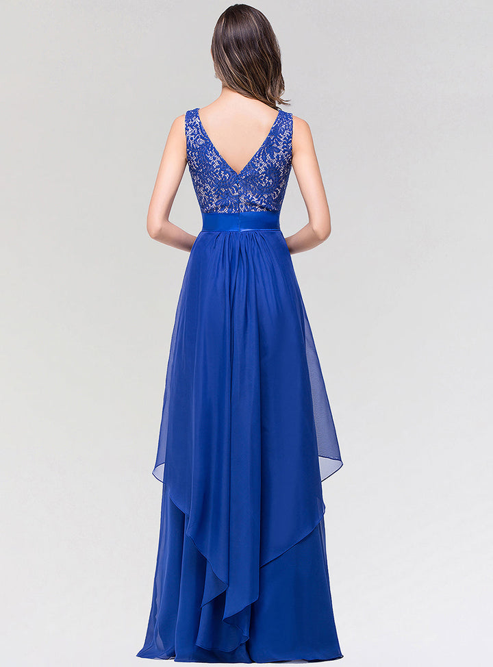 A-line Sleeveless Pleated Chiffon Floor-Length Dress Navy-koscy