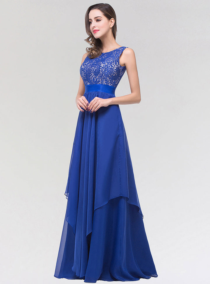 A-line Sleeveless Pleated Chiffon Floor-Length Dress Navy-koscy