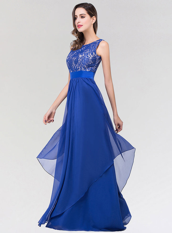 A-line Sleeveless Pleated Chiffon Floor-Length Dress Navy-koscy