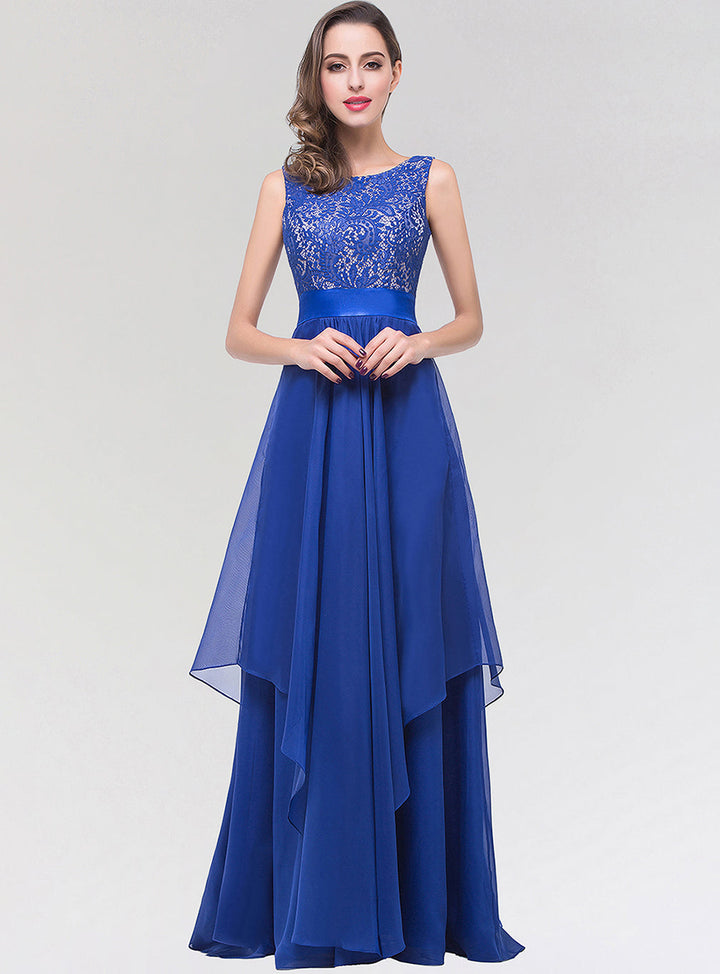 A-line Sleeveless Pleated Chiffon Floor-Length Dress Navy-koscy