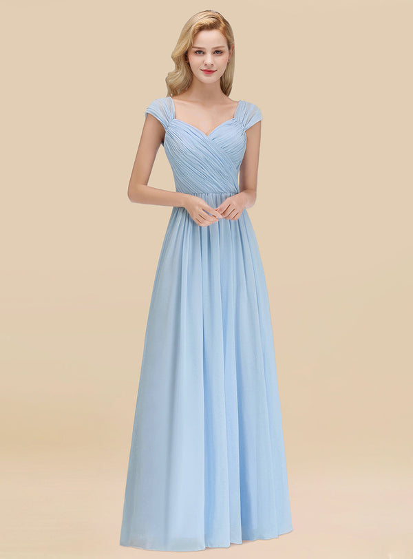 A-line Sleeveless Pleated Chiffon Floor-Length Dress Sky Blue-koscy