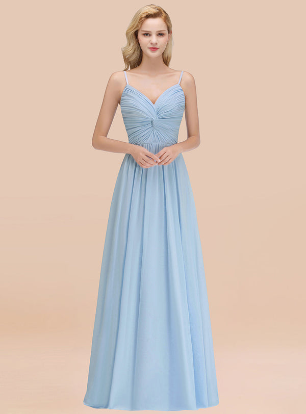 A-line Sleeveless Pleated Chiffon Floor-Length Dress Sky Blue-koscy