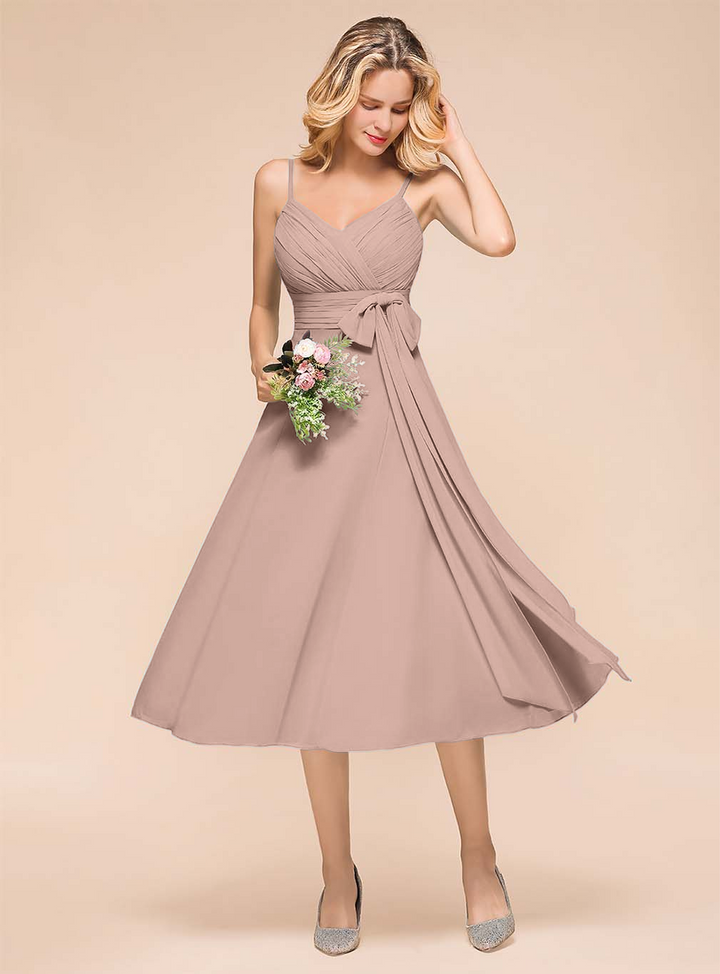 A-line Sleeveless Pleated Chiffon Tea-Length Dress Blue-koscy