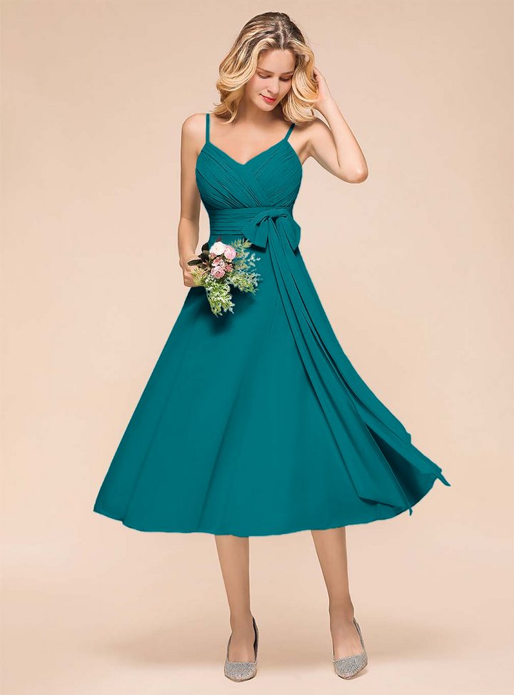 A-line Sleeveless Pleated Chiffon Tea-Length Dress Blue-koscy