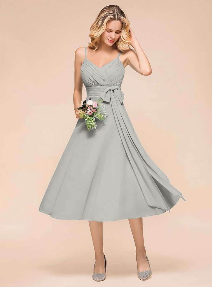 A-line Sleeveless Pleated Chiffon Tea-Length Dress Blue-koscy