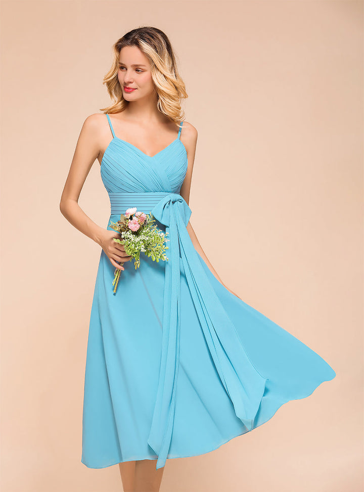 A-line Sleeveless Pleated Chiffon Tea-Length Dress Blue-koscy