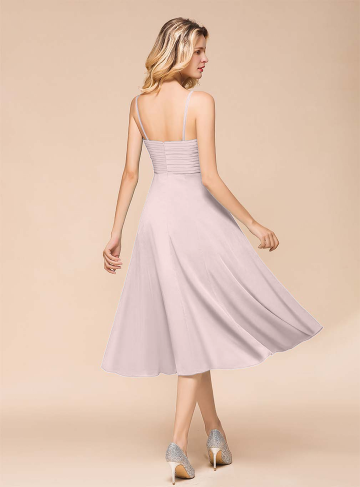 A-line Sleeveless Pleated Chiffon Tea-Length Dress Blue-koscy