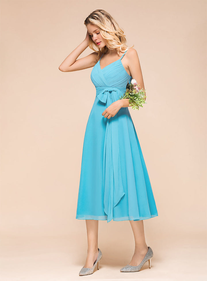 A-line Sleeveless Pleated Chiffon Tea-Length Dress Blue-koscy