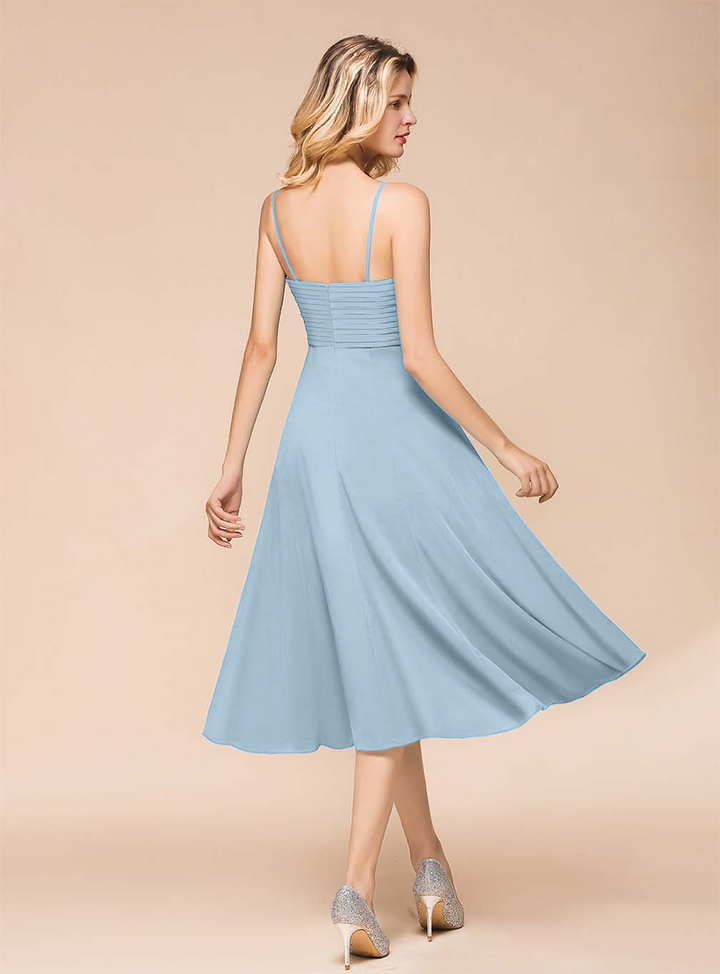 A-line Sleeveless Pleated Chiffon Tea-Length Dress Blue-koscy