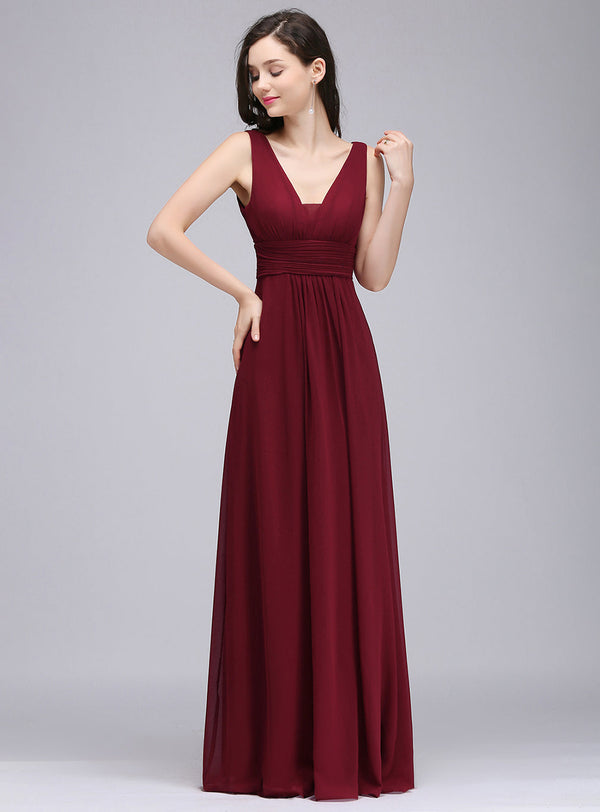 A-line Sleeveless Ruched Chiffon Floor-Length Dress Burgundy-koscy