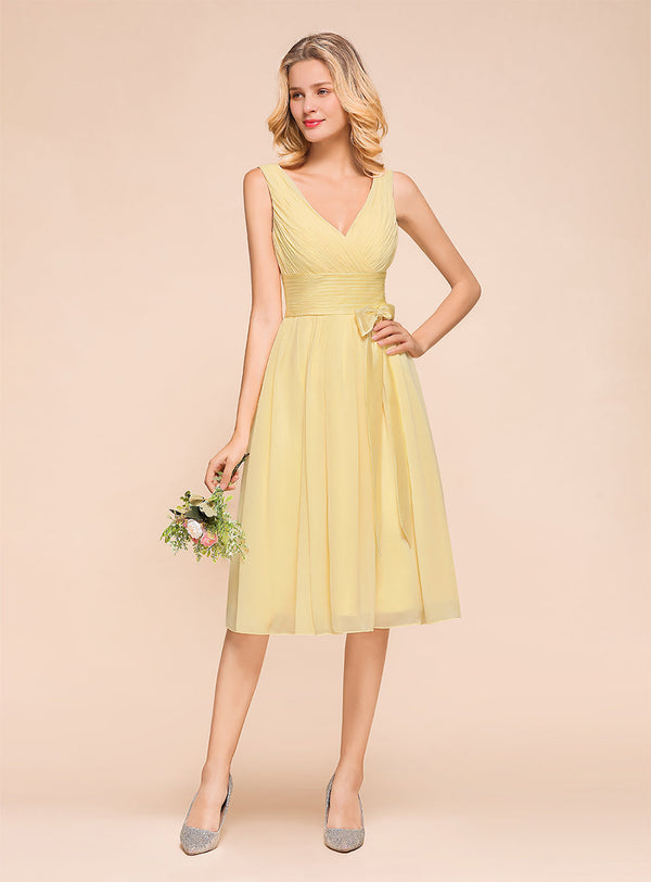 A-line Sleeveless Ruched Chiffon Tea-Length Dress Daffodil-koscy