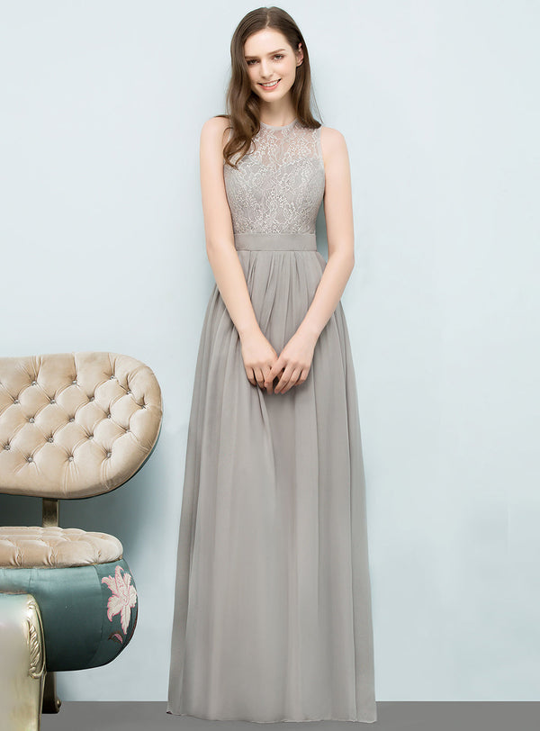 A-line Sleeveless Ruffle Lace Floor-Length Dress Silver-koscy