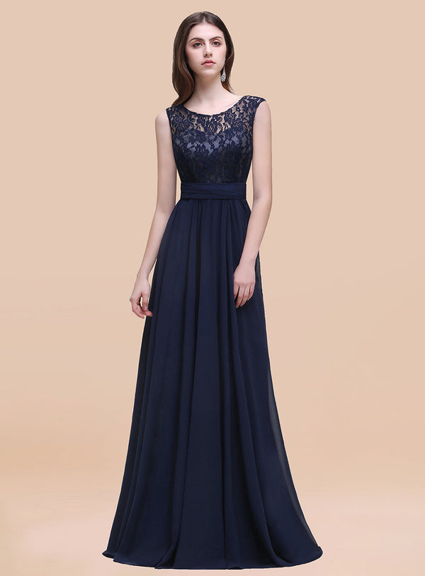 A-line Sleeveless Scoop Lace Chiffon Floor-Length Dress Dark Navy-koscy