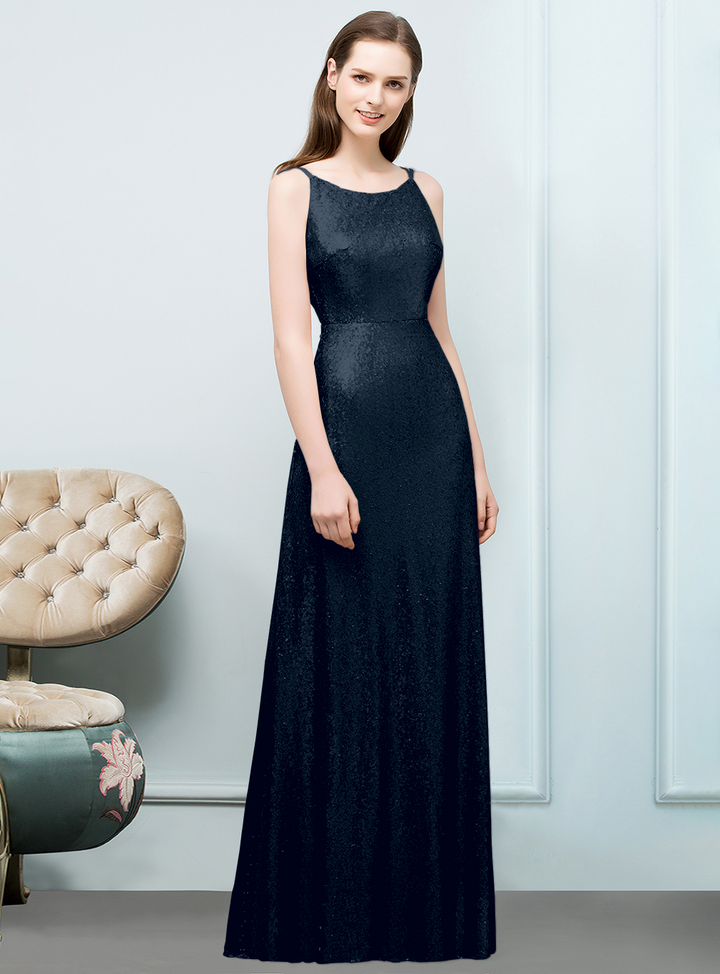 A-line Sleeveless Sequins Floor-Length Dress-koscy