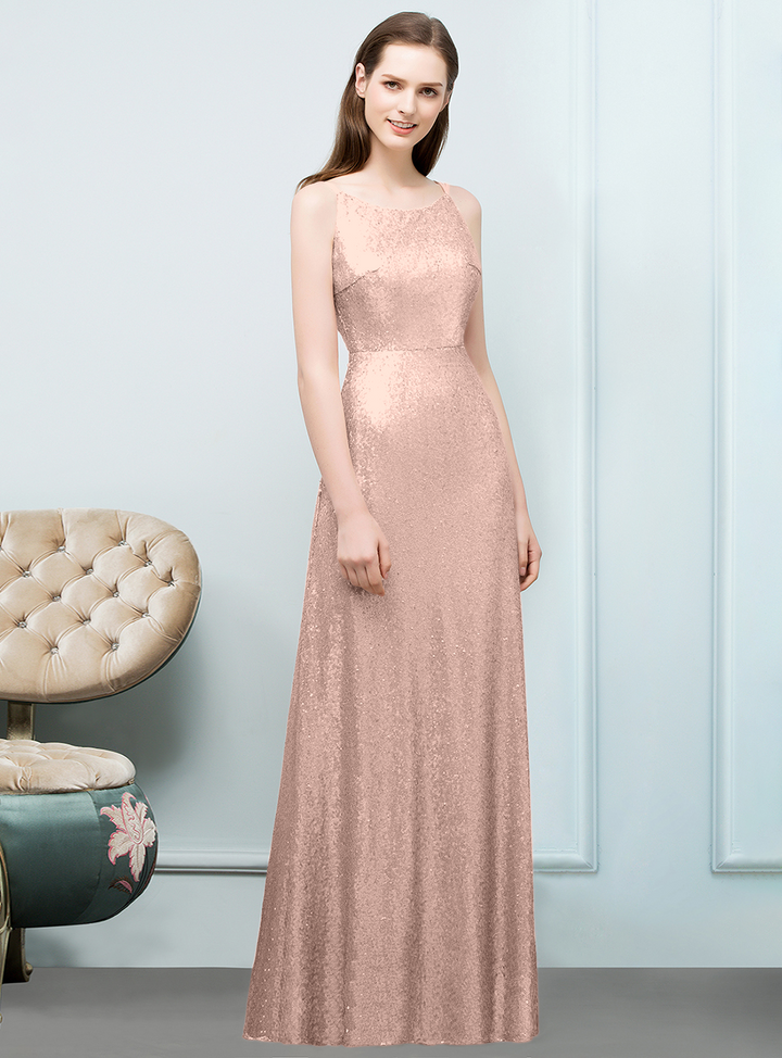 A-line Sleeveless Sequins Floor-Length Dress-koscy