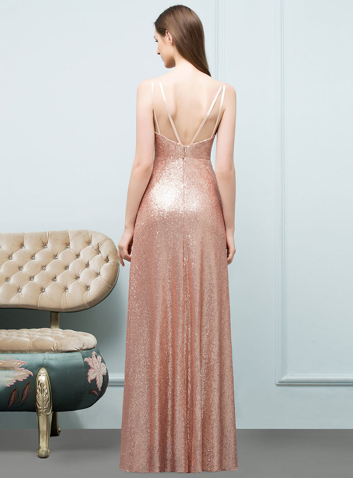 A-line Sleeveless Sequins Floor-Length Dress-koscy