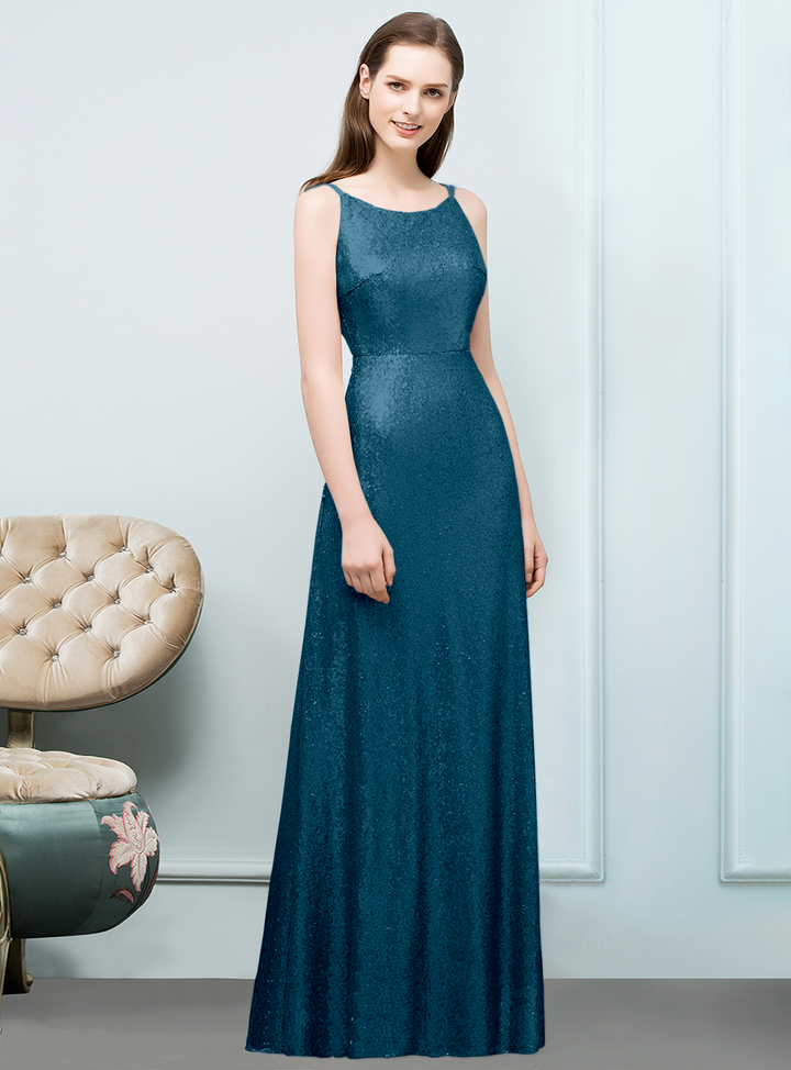 A-line Sleeveless Sequins Floor-Length Dress-koscy