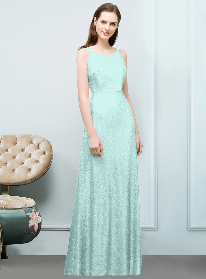 A-line Sleeveless Sequins Floor-Length Dress-koscy