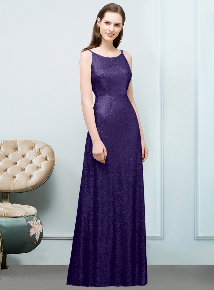 A-line Sleeveless Sequins Floor-Length Dress-koscy