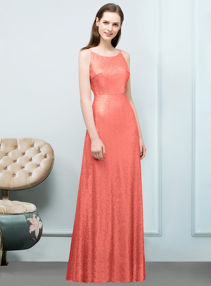 A-line Sleeveless Sequins Floor-Length Dress-koscy