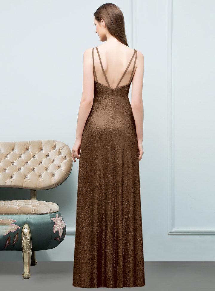 A-line Sleeveless Sequins Floor-Length Dress-koscy