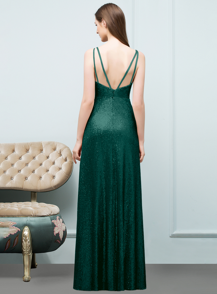 A-line Sleeveless Sequins Floor-Length Dress-koscy