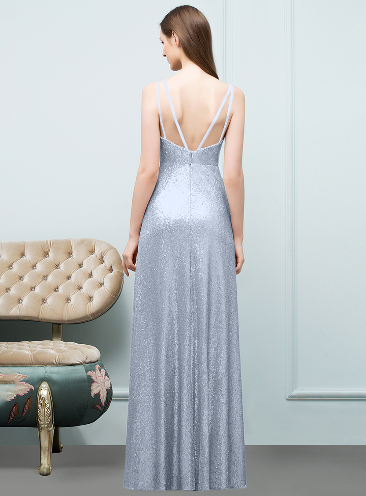 A-line Sleeveless Sequins Floor-Length Dress-koscy