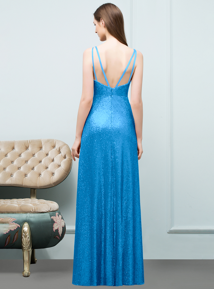 A-line Sleeveless Sequins Floor-Length Dress-koscy