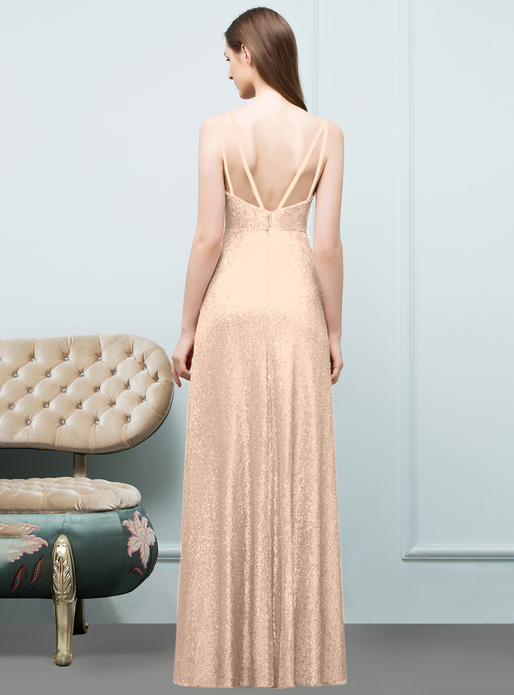 A-line Sleeveless Sequins Floor-Length Dress-koscy