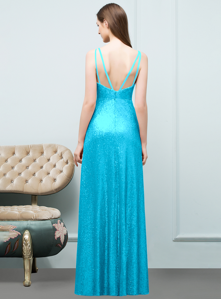 A-line Sleeveless Sequins Floor-Length Dress-koscy