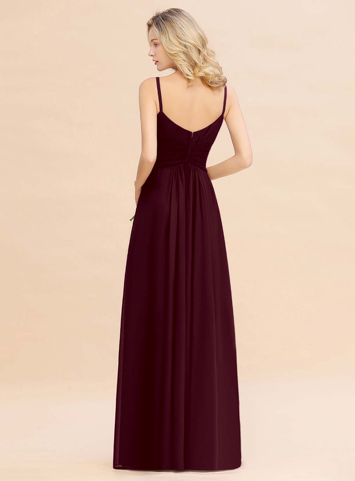 A-line Sleeveless V-Neck Pleated Chiffon Floor-Length Dress Burgundy-koscy