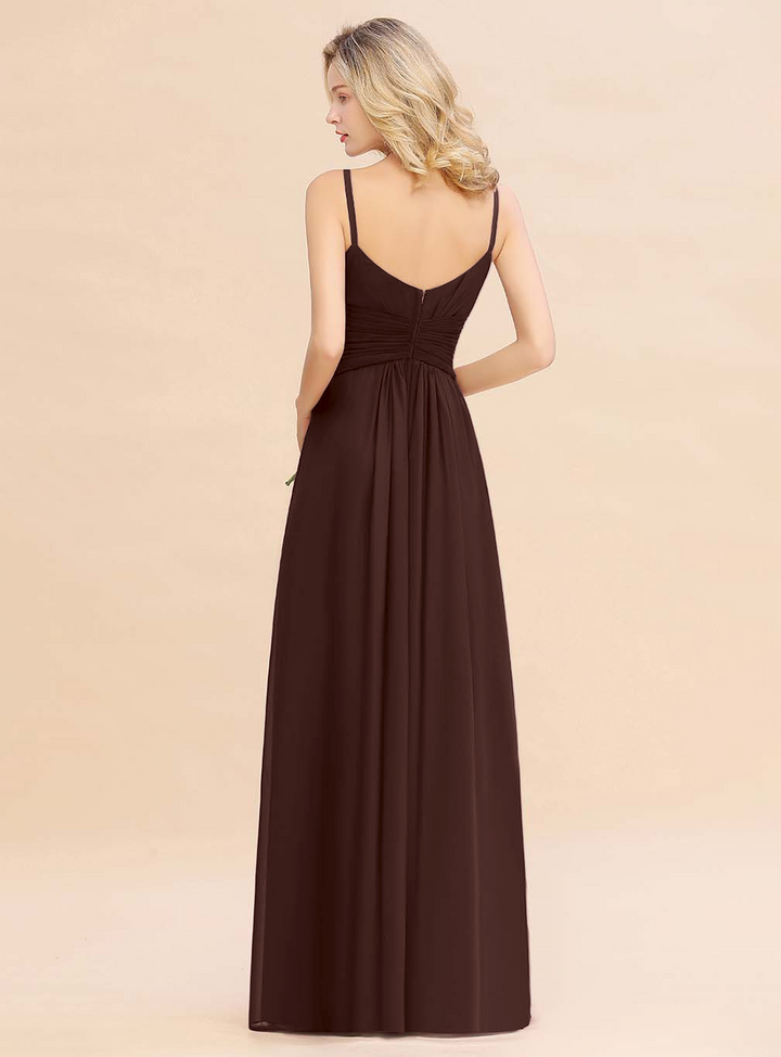 A-line Sleeveless V-Neck Pleated Chiffon Floor-Length Dress Burgundy-koscy