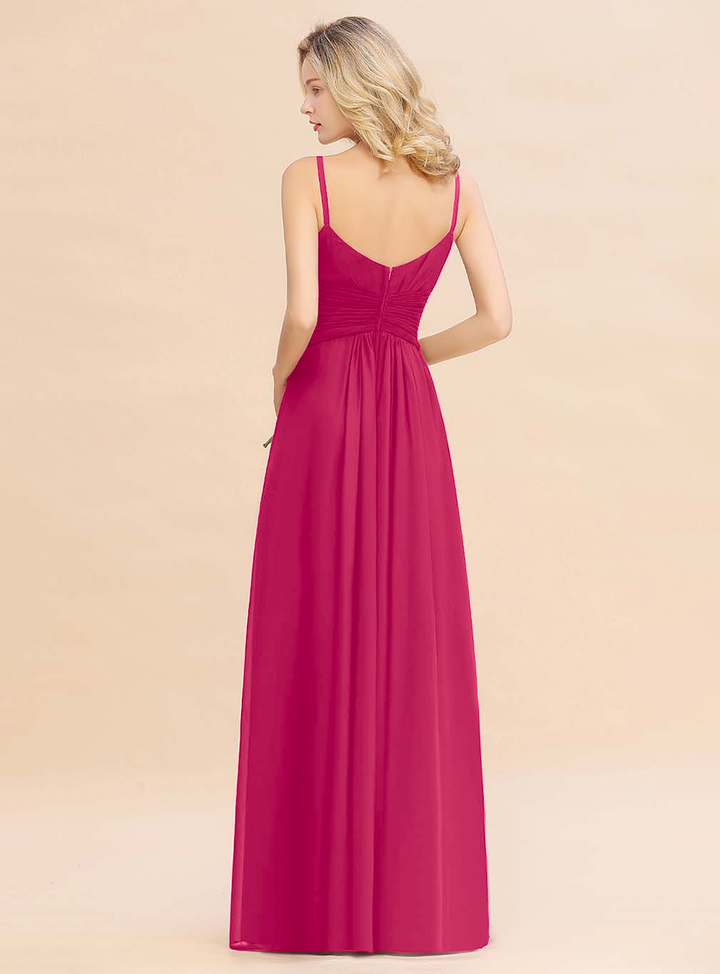 A-line Sleeveless V-Neck Pleated Chiffon Floor-Length Dress Burgundy-koscy