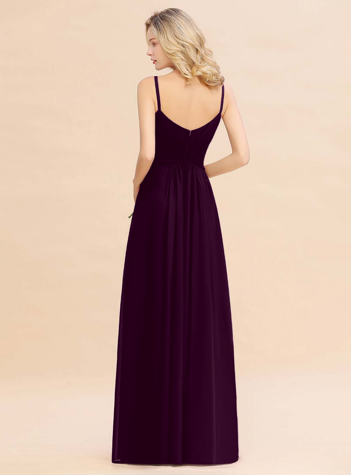 A-line Sleeveless V-Neck Pleated Chiffon Floor-Length Dress Burgundy-koscy