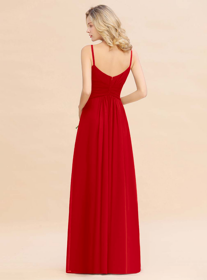 A-line Sleeveless V-Neck Pleated Chiffon Floor-Length Dress Burgundy-koscy