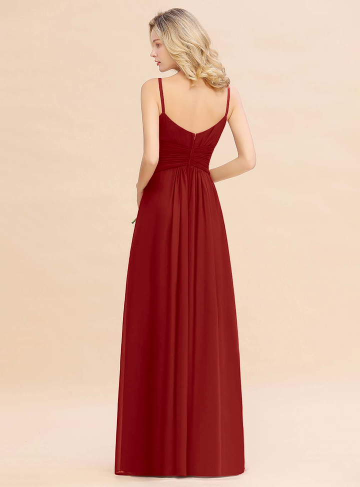 A-line Sleeveless V-Neck Pleated Chiffon Floor-Length Dress Burgundy-koscy