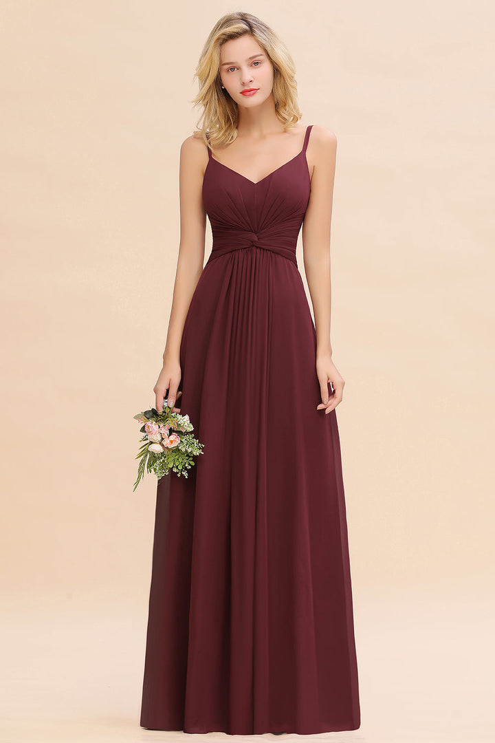 A-line Sleeveless V-Neck Pleated Chiffon Floor-Length Dress Burgundy-koscy