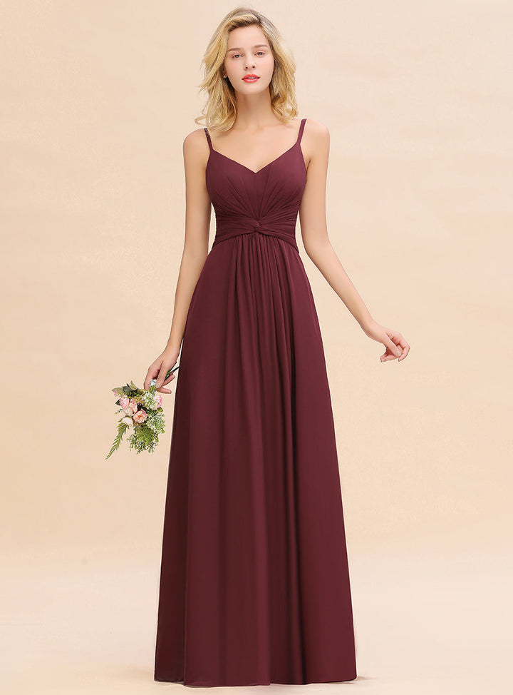 A-line Sleeveless V-Neck Pleated Chiffon Floor-Length Dress Burgundy-koscy