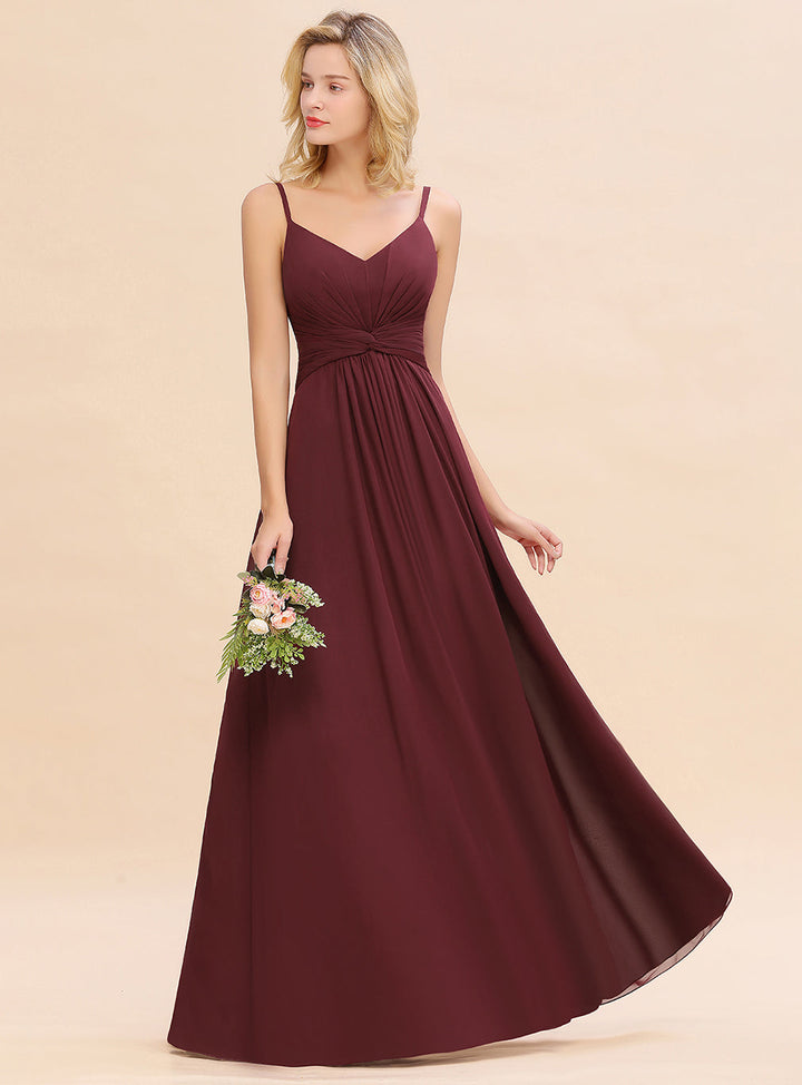 A-line Sleeveless V-Neck Pleated Chiffon Floor-Length Dress Burgundy-koscy