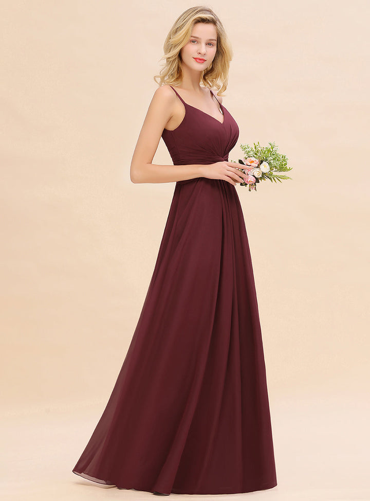 A-line Sleeveless V-Neck Pleated Chiffon Floor-Length Dress Burgundy-koscy