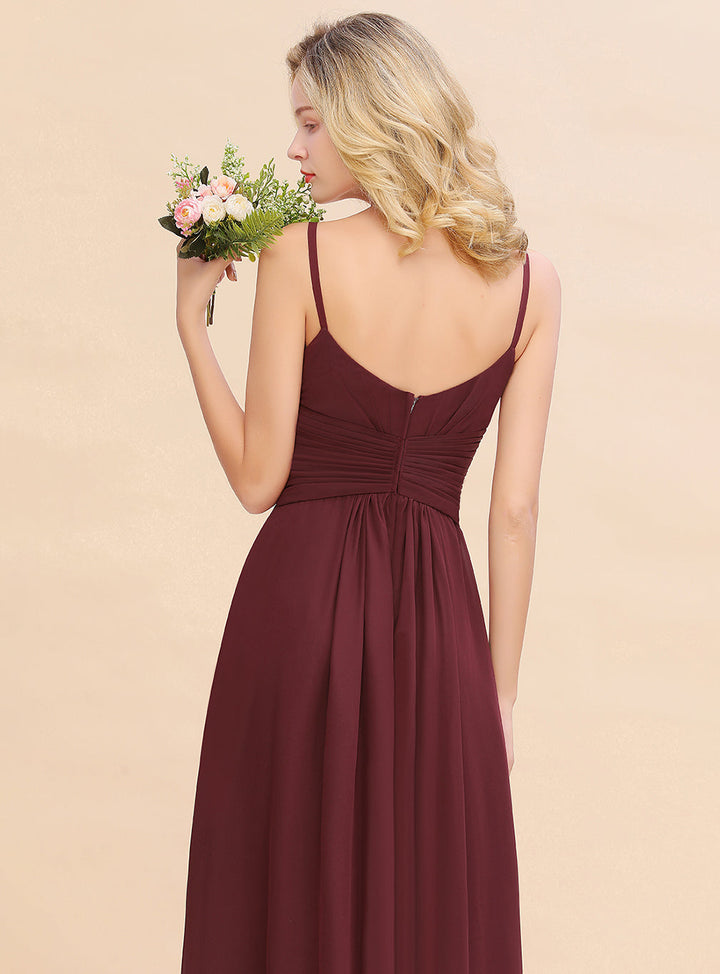 A-line Sleeveless V-Neck Pleated Chiffon Floor-Length Dress Burgundy-koscy