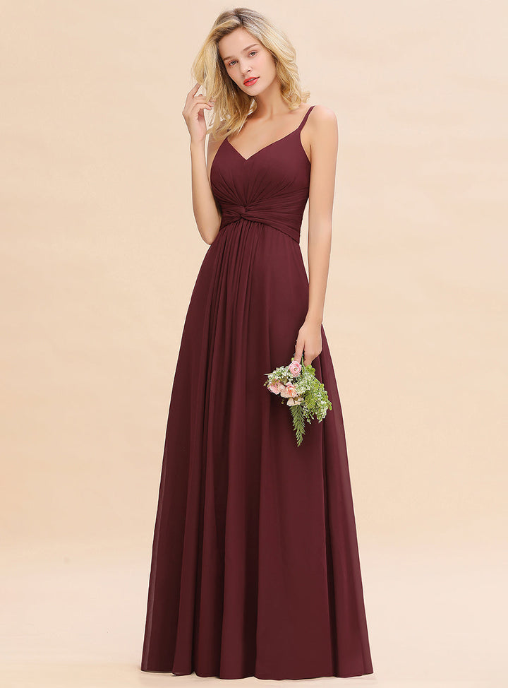 A-line Sleeveless V-Neck Pleated Chiffon Floor-Length Dress Burgundy-koscy