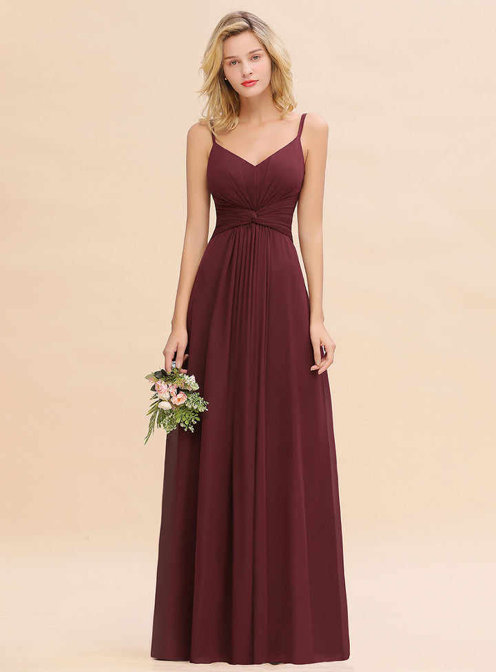 A-line Sleeveless V-Neck Pleated Chiffon Floor-Length Dress Burgundy-koscy