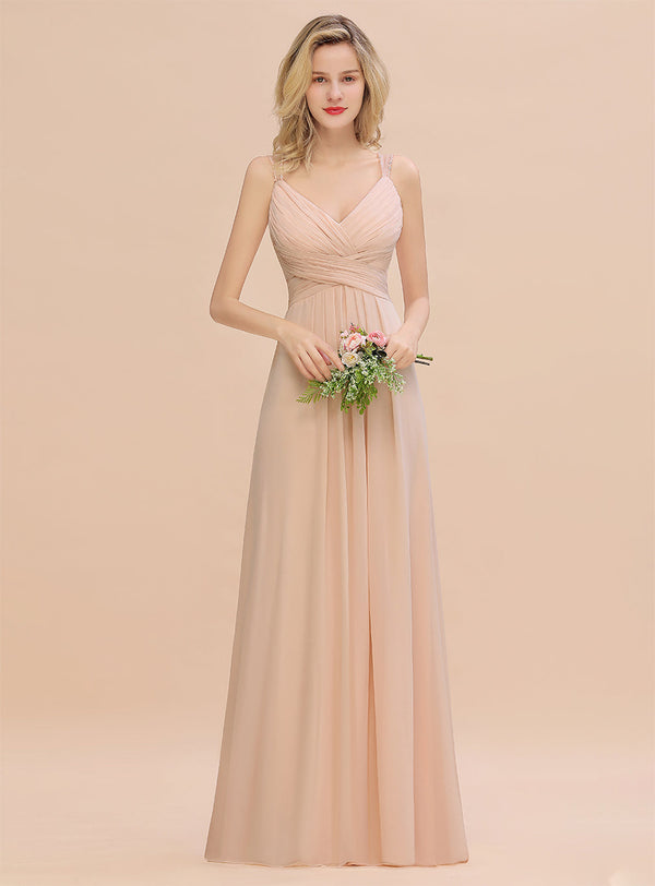 A-line Spaghetti Straps Chiffon Backless Floor-Length Dress with Beadings-koscy