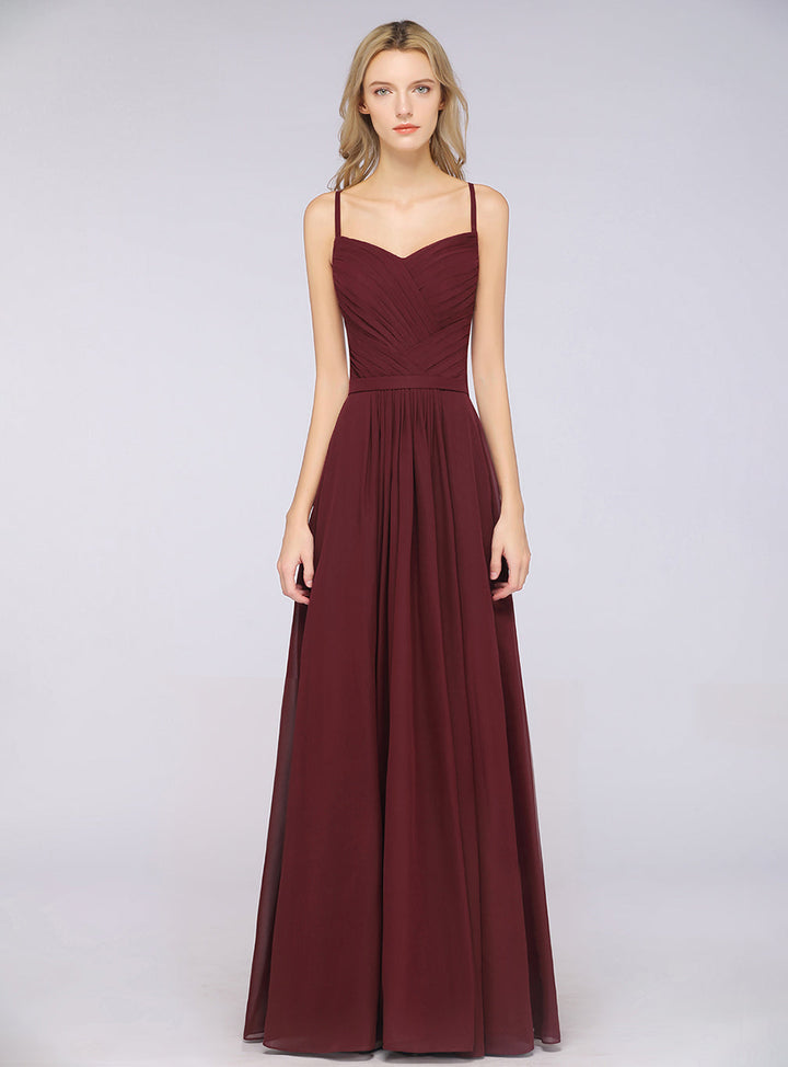 A-line Spaghetti Straps Chiffon Floor-Length Dress Burgundy-koscy