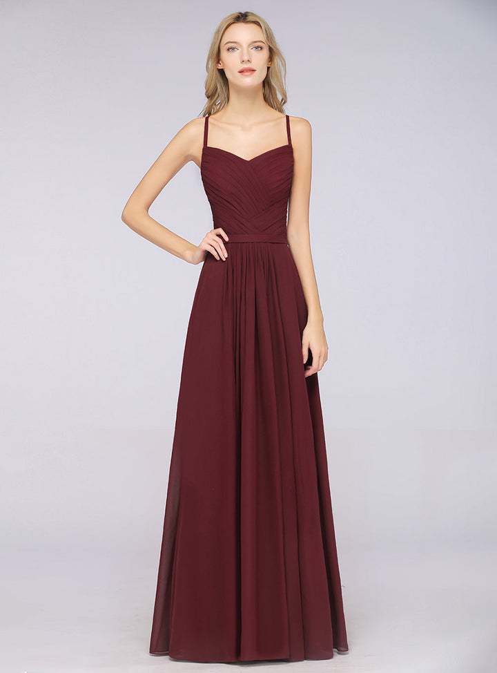 A-line Spaghetti Straps Chiffon Floor-Length Dress Burgundy-koscy