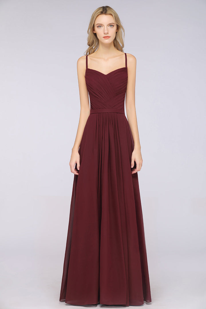 A-line Spaghetti Straps Chiffon Floor-Length Dress Burgundy-koscy