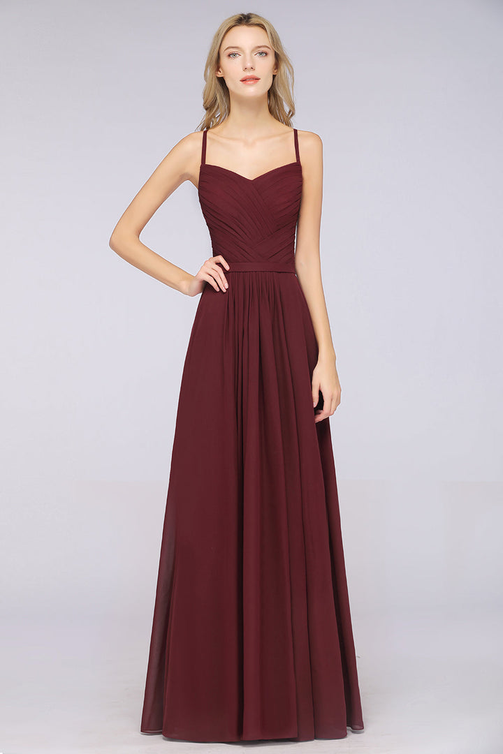 A-line Spaghetti Straps Chiffon Floor-Length Dress Burgundy-koscy