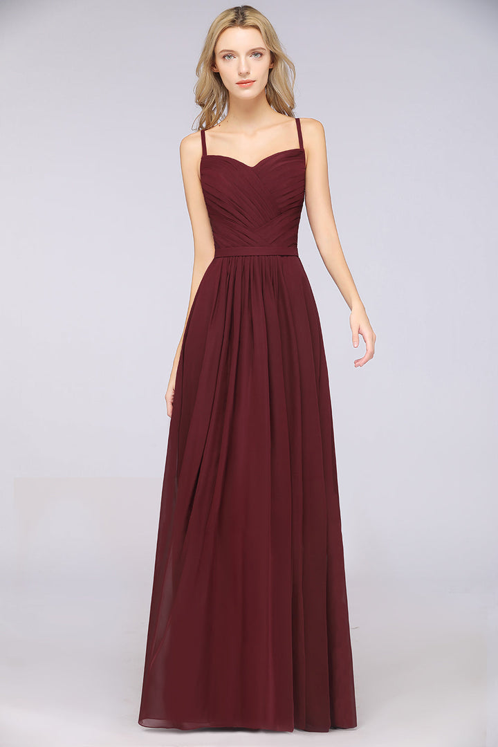 A-line Spaghetti Straps Chiffon Floor-Length Dress Burgundy-koscy