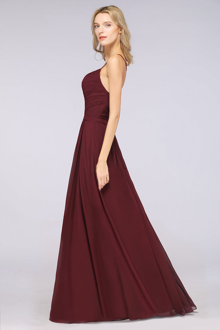 A-line Spaghetti Straps Chiffon Floor-Length Dress Burgundy-koscy